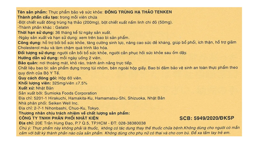 VIÊN UỐNG HỖ TRỢ BỒI BỔ SỨC KHỎE ĐÔNG TRÙNG HẠ THẢO TENKEN 60V 5