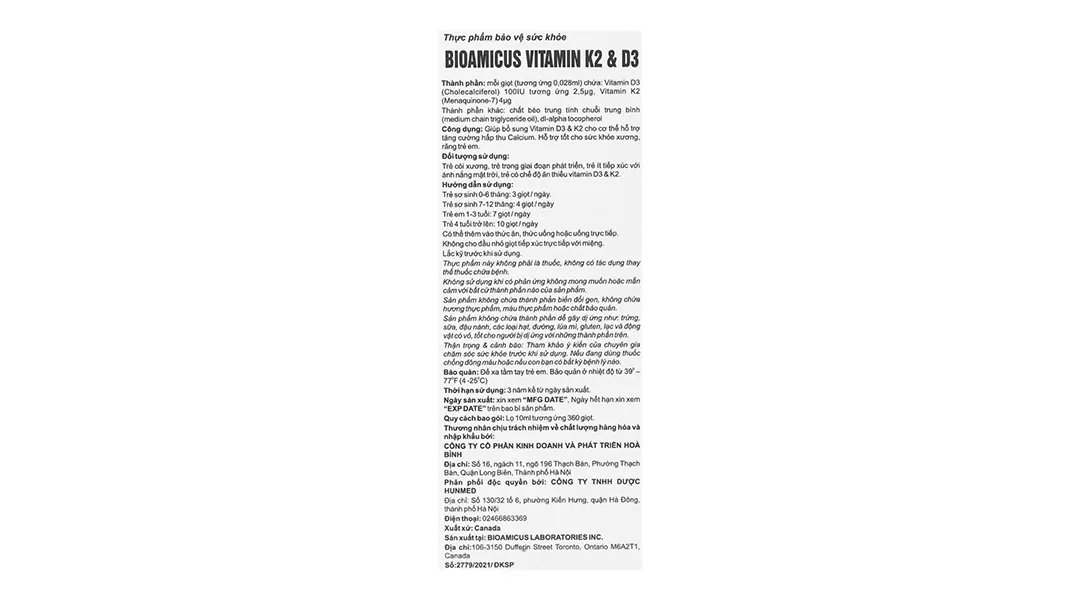 DUNG DỊCH GIÚP XƯƠNG RĂNG TRẺ CHẮC KHỎE BIOAMICUS VITAMIN K2 & D3 10ML 7