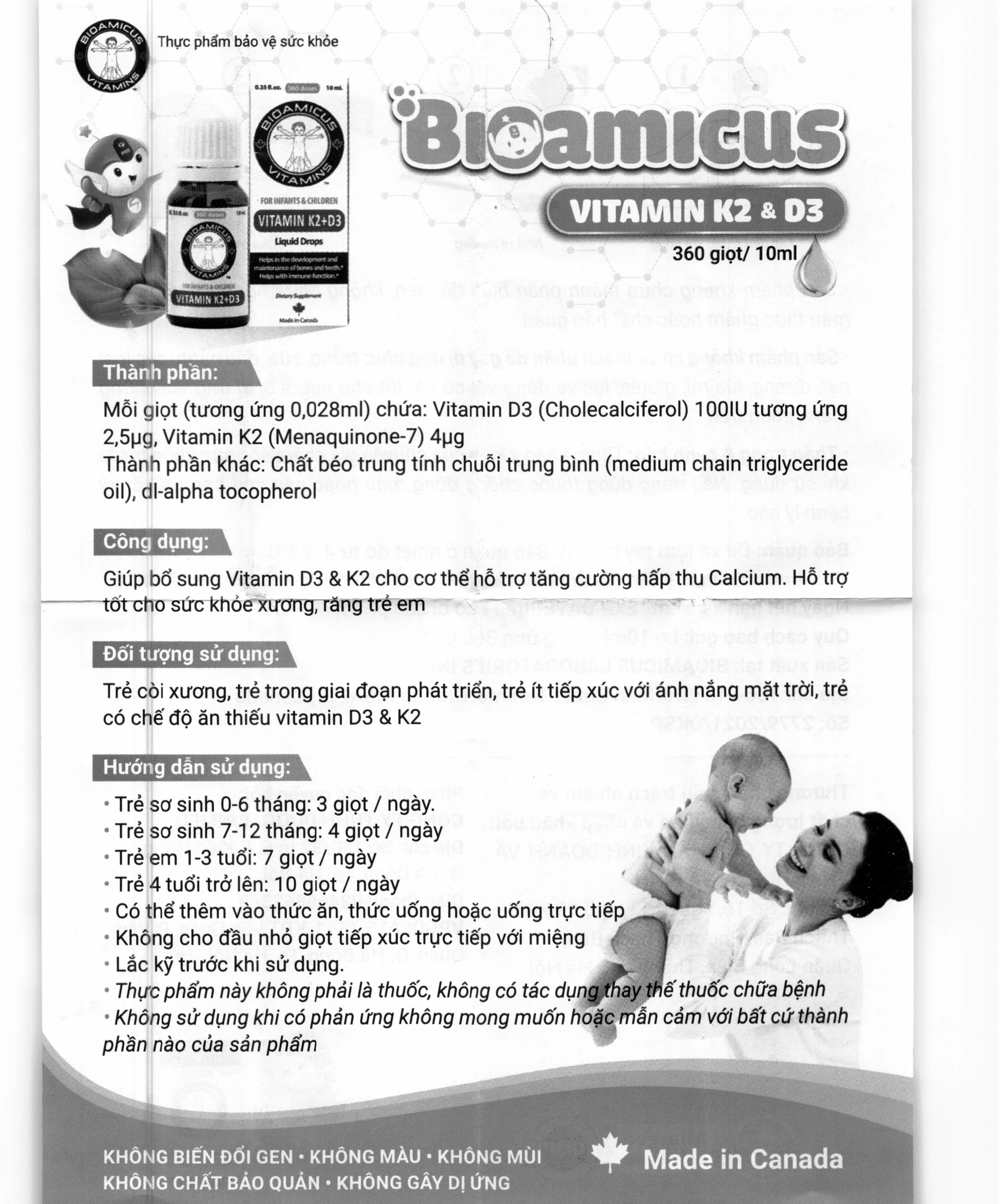 DUNG DỊCH GIÚP XƯƠNG RĂNG TRẺ CHẮC KHỎE BIOAMICUS VITAMIN K2 & D3 10ML 10