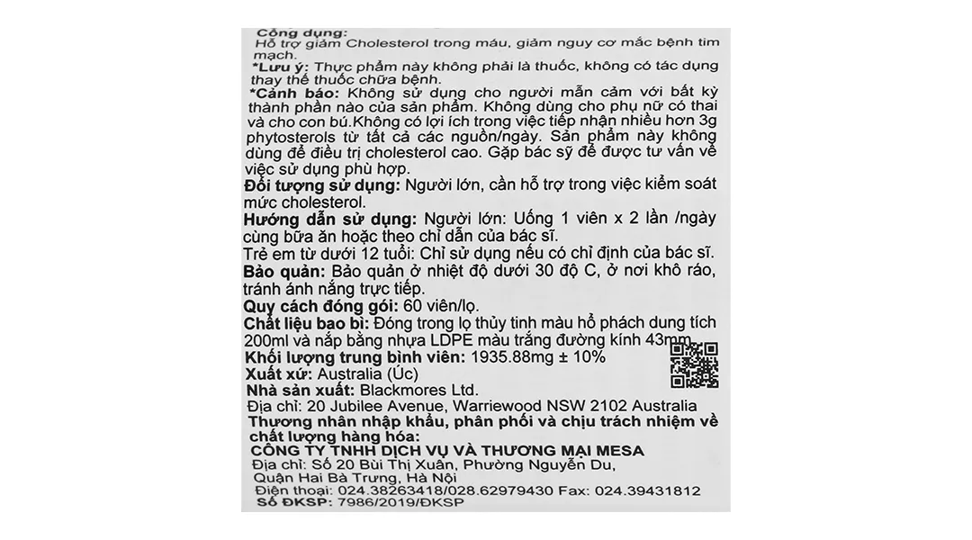 Blackmores Cholesterol Health lọ 60 viên 8