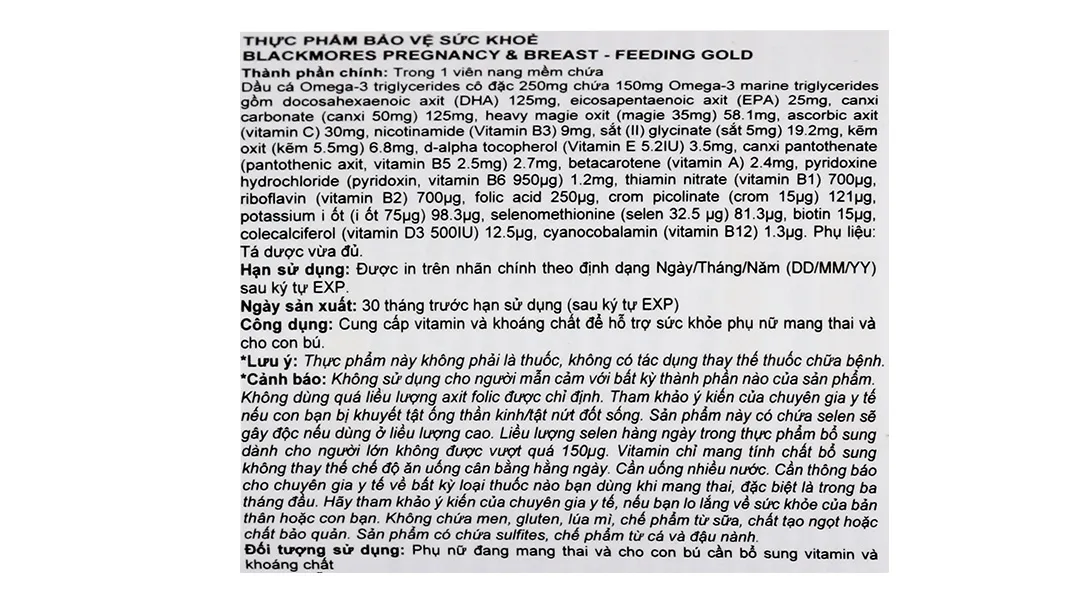 VIÊN UỐNG HỖ TRỢ PHỤ NỮ MANG THAI VÀ CHO CON BÚ BLACKMORES PREGNANCY & BREAST - FEEDING GOLD 60V 6