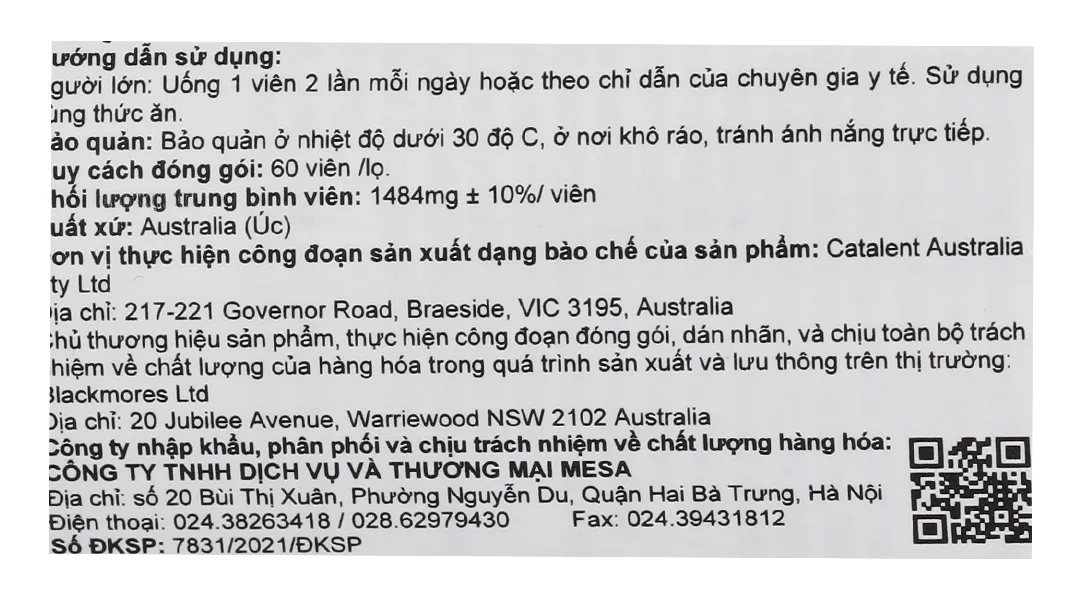 VIÊN UỐNG HỖ TRỢ PHỤ NỮ MANG THAI VÀ CHO CON BÚ BLACKMORES PREGNANCY & BREAST - FEEDING GOLD 60V 7