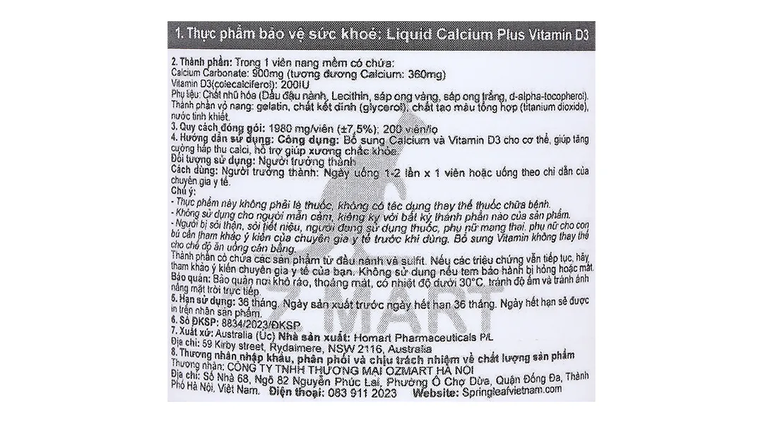 VIÊN UỐNG BỔ SUNG CANXI VÀ VITAMIN D3 GIÚP XƯƠNG CHẮC KHOẺ SPRING LEAF LIQUID CALCIUM PLUS VITAMIN D3 60V 12