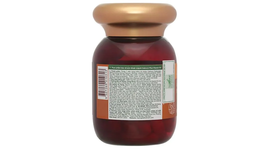 VIÊN UỐNG BỔ SUNG CANXI VÀ VITAMIN D3 GIÚP XƯƠNG CHẮC KHOẺ SPRING LEAF LIQUID CALCIUM PLUS VITAMIN D3 60V 6