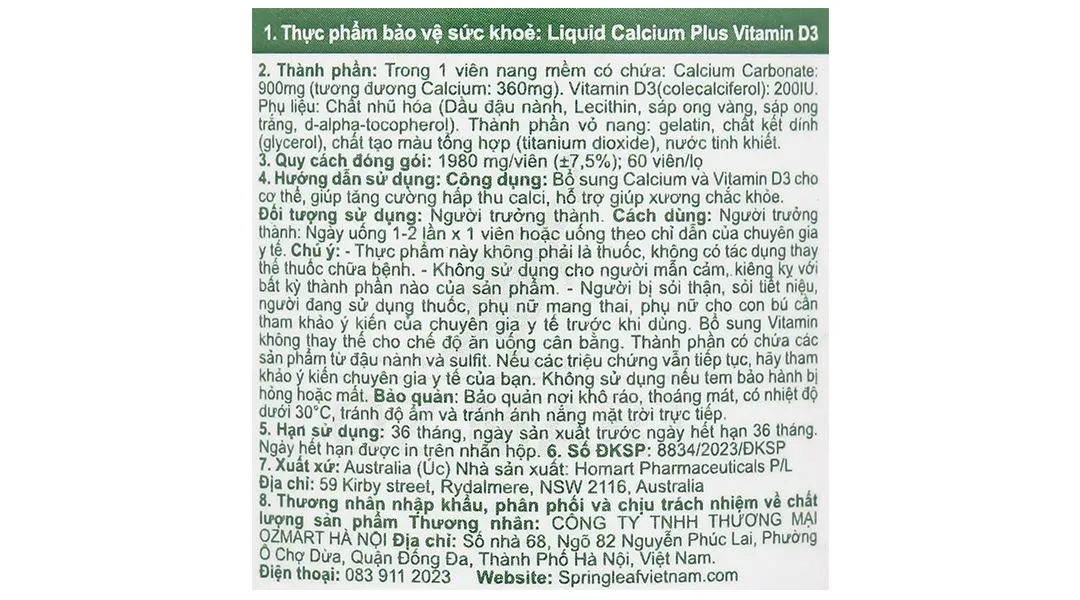 VIÊN UỐNG BỔ SUNG CANXI VÀ VITAMIN D3 GIÚP XƯƠNG CHẮC KHOẺ SPRING LEAF LIQUID CALCIUM PLUS VITAMIN D3 60V 7