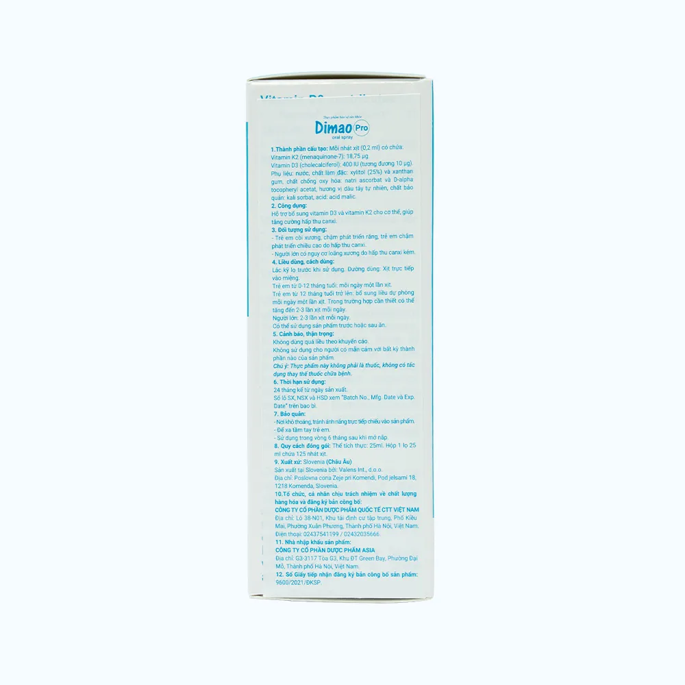 CHAI XỊT GIÚP TĂNG CƯỜNG HẤP THU CANXI DIMAO PRO ORAL SPRAY D3 + K2 VALENS 25ML 7