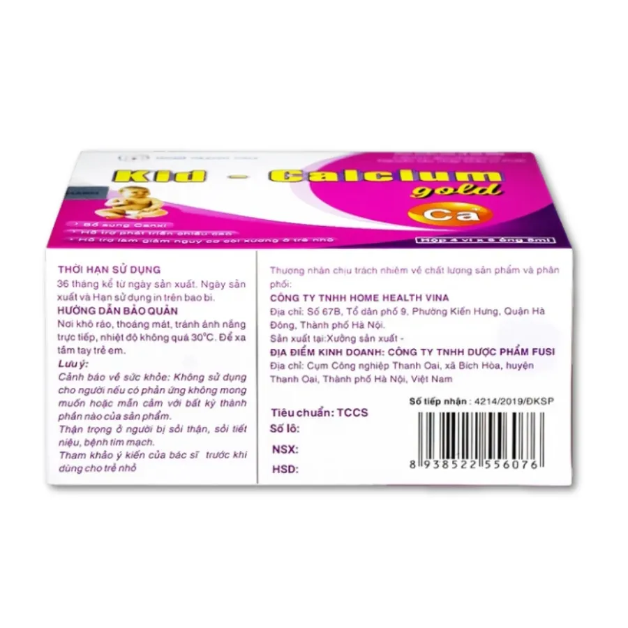 Dung dịch uống Kid-Calcium Gold 5ml Home Health Vina bổ sung calci giúp xương, răng chắc khỏe (4 vỉ x 5 ống) 4