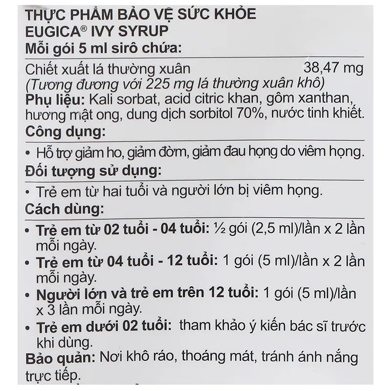 Eugica Ivy Syrup hỗ trợ giảm ho, giảm đờm hộp 20 gói x 5ml 10