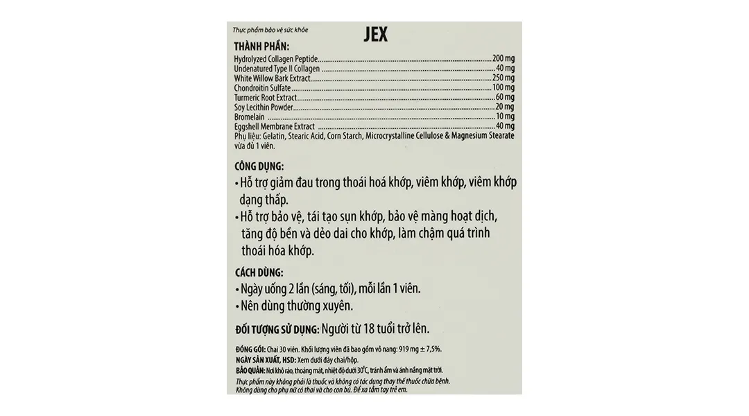 VIÊN UỐNG HỖ TRỢ GIẢM VIÊM KHỚP JEX ECOGREEN 30V 12