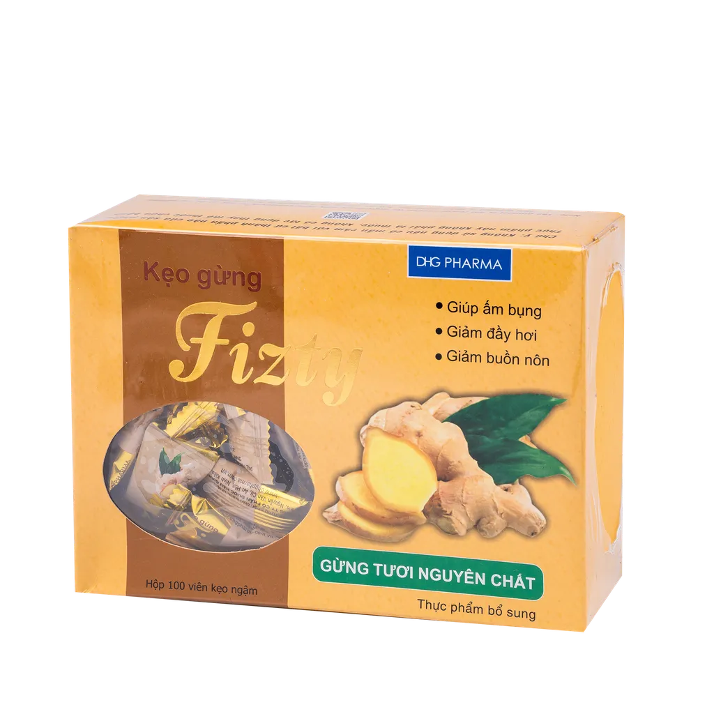 Kẹo Gừng Fizty - TPBVSK - Hỗ Trợ Tiêu Hóa, Giảm Đầy Hơi Buồn Nôn (Hộp 100 Viên)