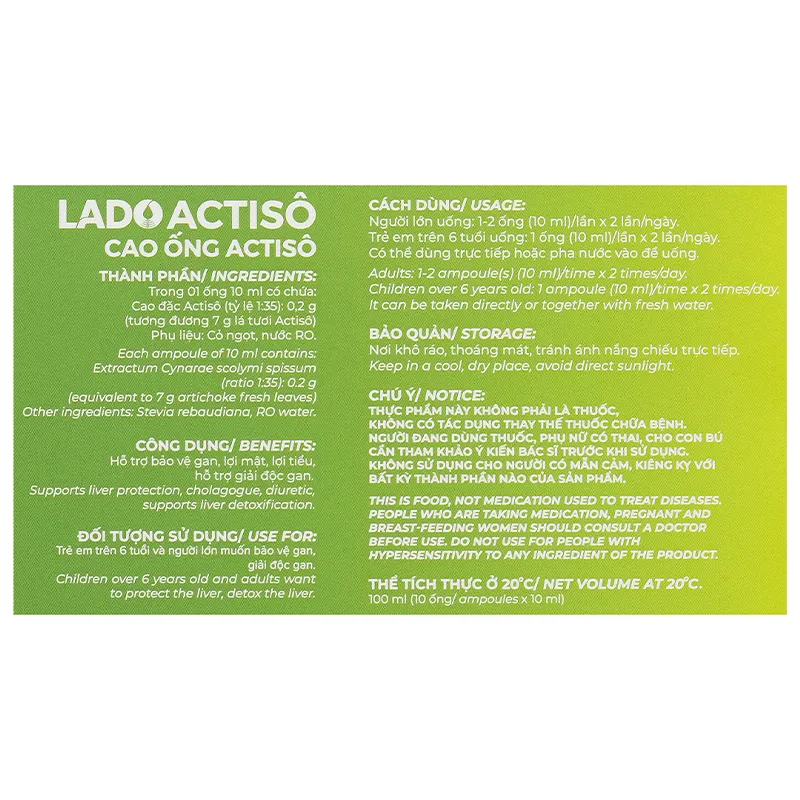 Nước uống Ladophar Lado Actiso (Hộp 10 ống) giúp bảo vệ và giải độc gan 7