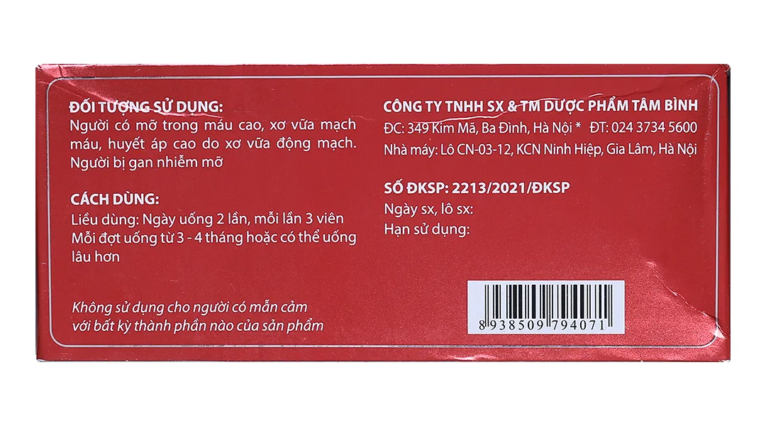 VIÊN UỐNG HỖ TRỢ GIẢM MỠ MÁU TÂM BÌNH 5X12 4