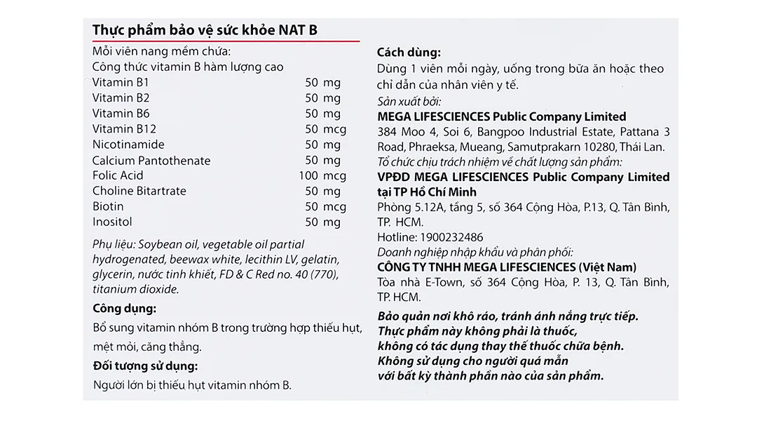 VIÊN UỐNG BỔ SUNG VITAMIN NHÓM B NAT B MEGA 3X10 6