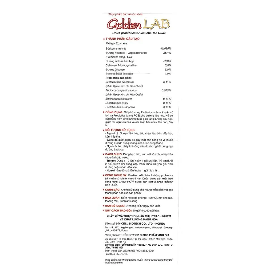 Men vi sinh Golden Lab Cell Biotech hỗ trợ cân bằng hệ vi sinh đường ruột (20 gói x 2g) 4