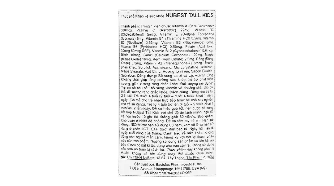 Nubest Tall Kids bổ sung canxi, hỗ trợ phát triển xương chắc khỏe hộp 60 viên 12