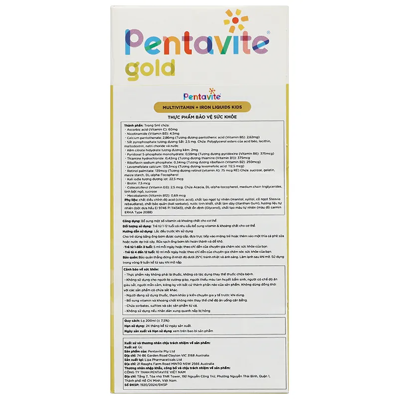 Pentavite Gold Multivitamin + Iron Liquid Kids bổ sung vitamin và khoáng chất chai 200ml 5