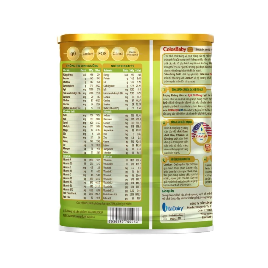 Sữa ColosBaby Gold 2+ Vitadairy hỗ trợ bổ sung kháng thể cho trẻ từ 2 tuổi trở lên (800g) 2