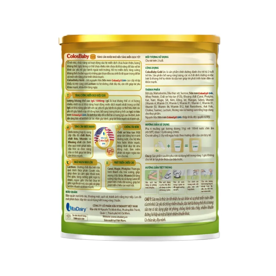 Sữa ColosBaby Gold 2+ Vitadairy hỗ trợ bổ sung kháng thể cho trẻ từ 2 tuổi trở lên (800g) 3