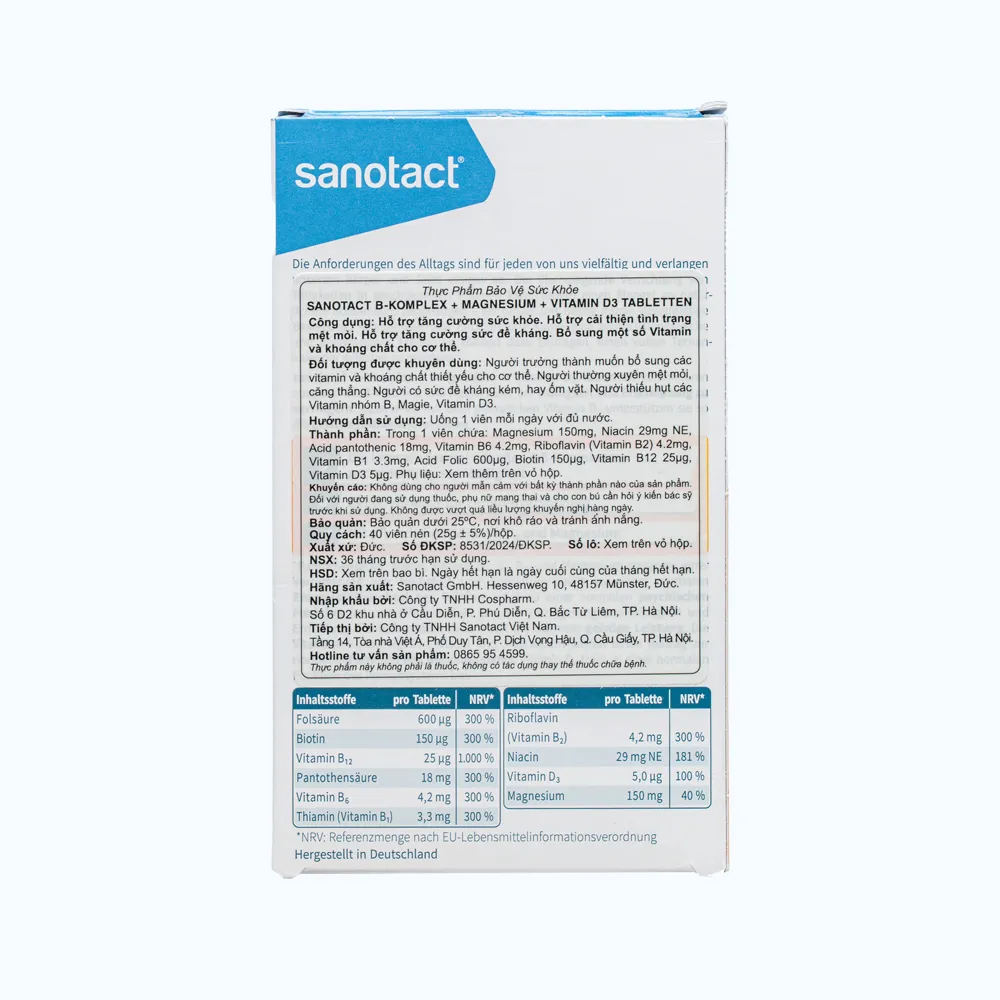 Sanotact B-Komplex Magnesium D3 hỗ trợ tăng sức đề kháng (Hộp 40 viên) 4
