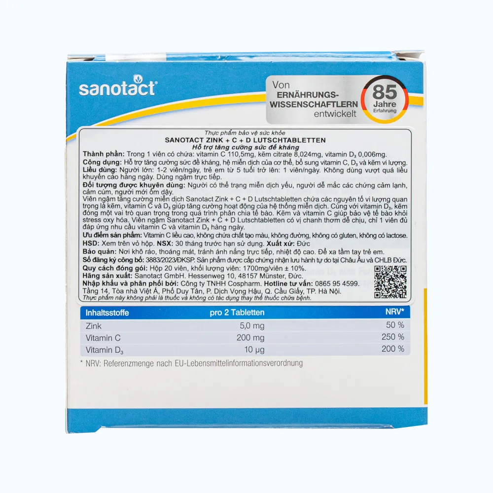 SANOTACT ZINK + C + D LUTSCHTABLETTEN Hỗ Trợ Tăng Sức Đề Kháng (Hộp 20 viên) 5