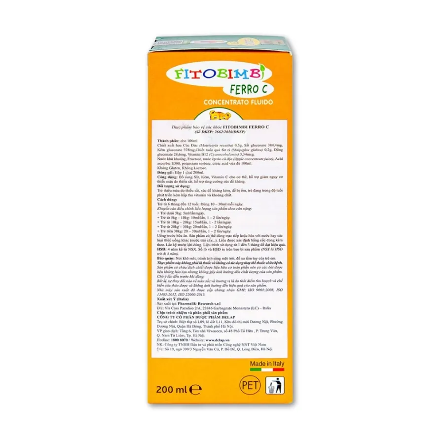 Siro Fitobimbi Ferro C Concentrato Fluido bổ sung sắt, kẽm, vitamin C cho cơ thể (200ml) 3
