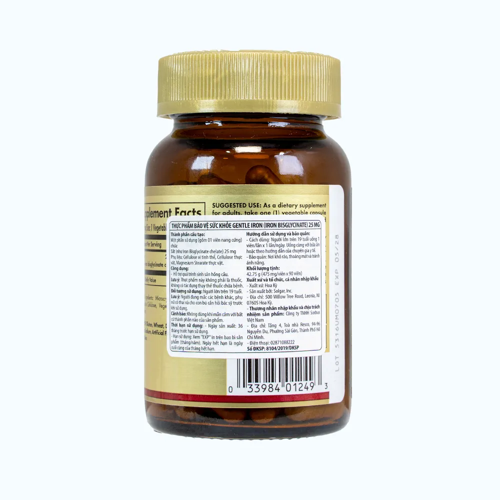 Solgar Iron Bis glycinate Hỗ Trợ Bổ Sung Sắt 25mg (Chai 90 Viên) 2