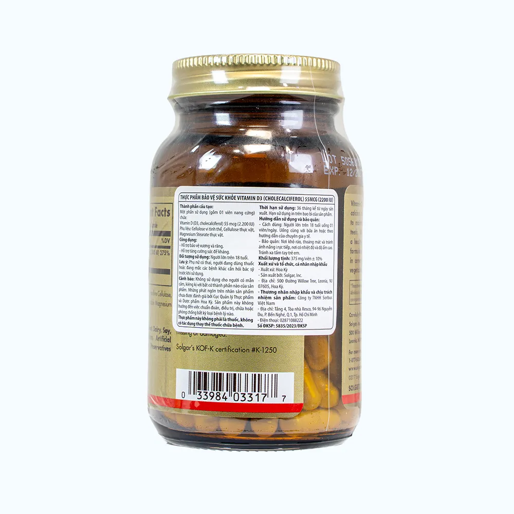 Solgar vitamin D3 2200IU Hỗ Trợ Xương (Chai 100 Viên) 2