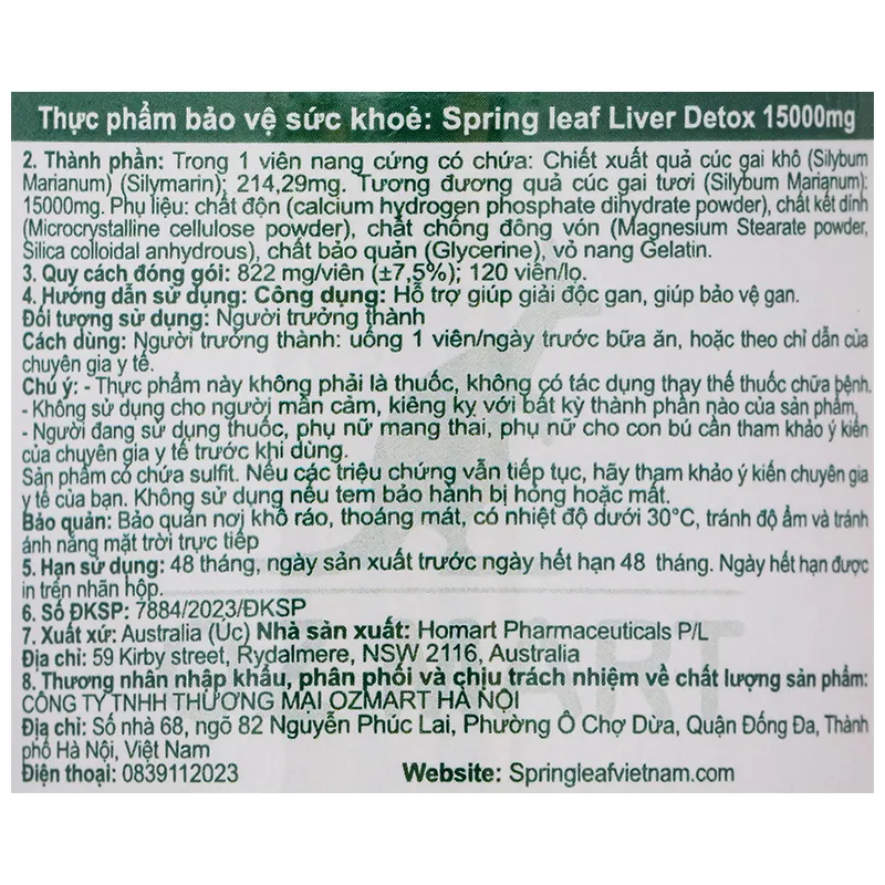 VIÊN UỐNG HỖ TRỢ GIÚP GIẢI ĐỘC GAN, BẢO VỆ GAN SPRING LEAF LIVER DETOX 15000MG 60V 6