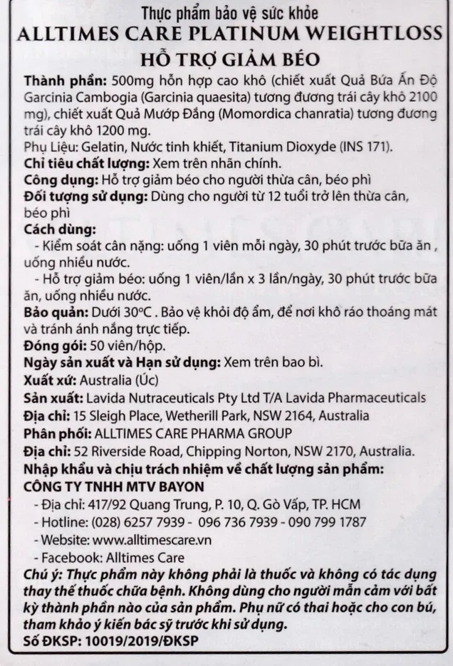 Thực phẩm bảo vệ sức khỏe Alltimes Care Platinum Weightloss (50 Viên) 5