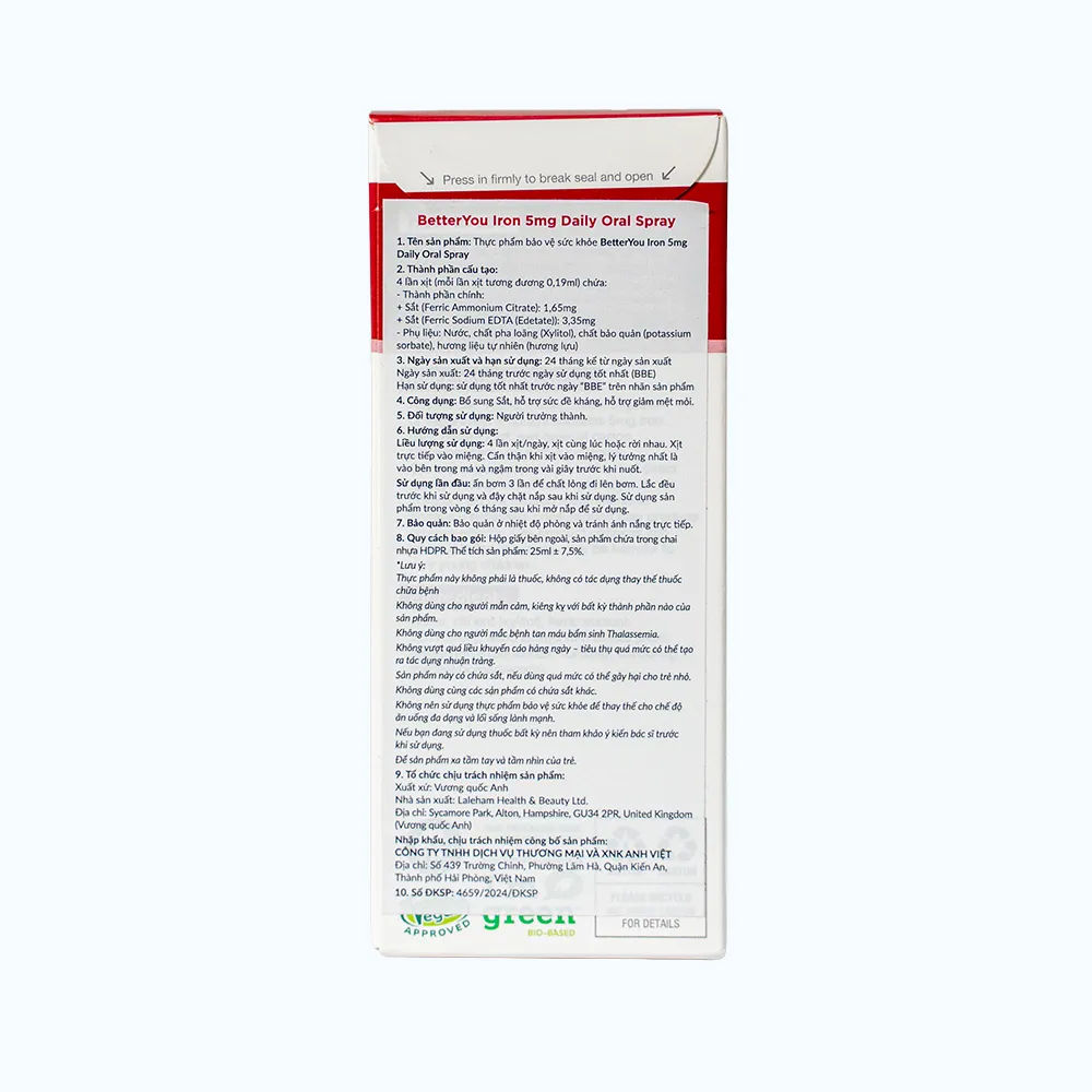Thực phẩm bảo vệ sức khỏe BetterYou Iron 5mg Daily Oral Spray 4