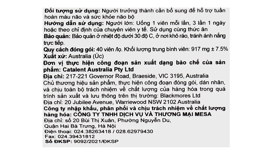 VIÊN UỐNG HỖ TRỢ TUẦN HOÀN MÁU NÃO BLACKMORES GINKGO FORTE 40V 6
