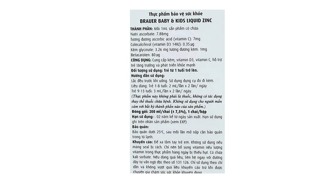 SIRO BỔ SUNG KẼM CHO TRẺ BRAUER BABY & KIDS LIQUID ZINC 200ML 17