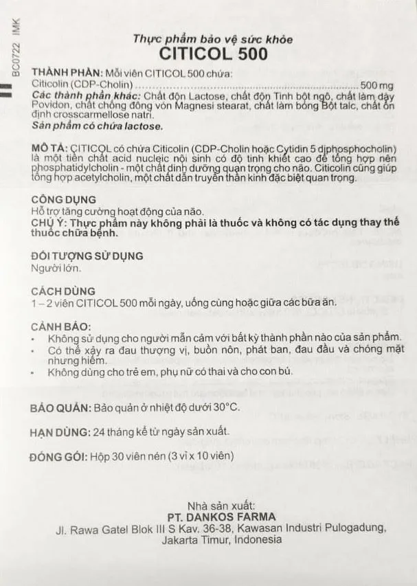 Thực phẩm bảo vệ sức khỏe Citicol 500 hộp 30 viên 12