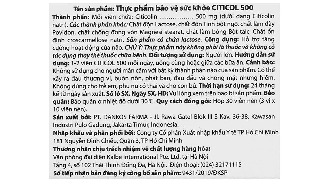 Thực phẩm bảo vệ sức khỏe Citicol 500 hộp 30 viên 10