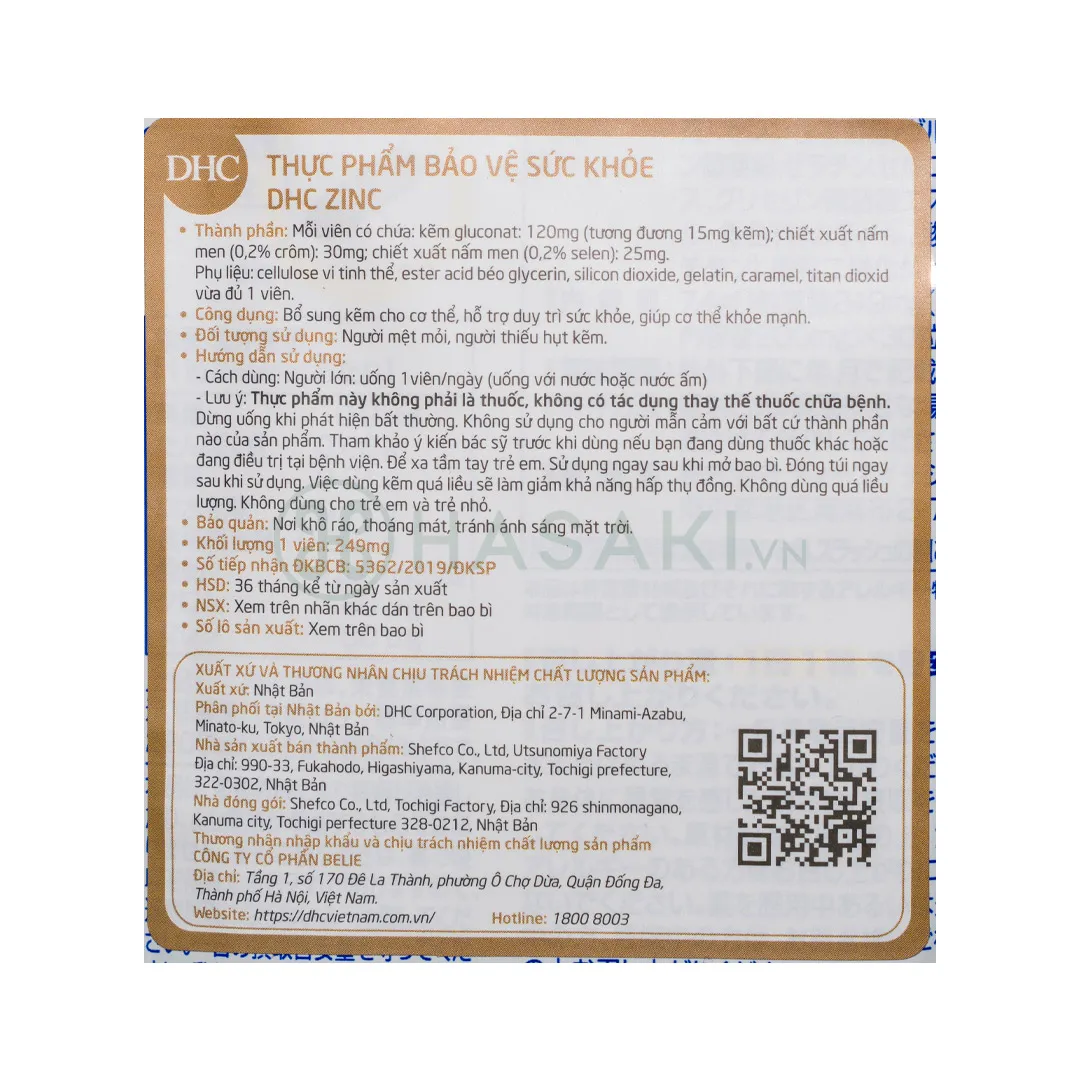 Thực Phẩm Bảo Vệ Sức Khỏe DHC Zinc 3