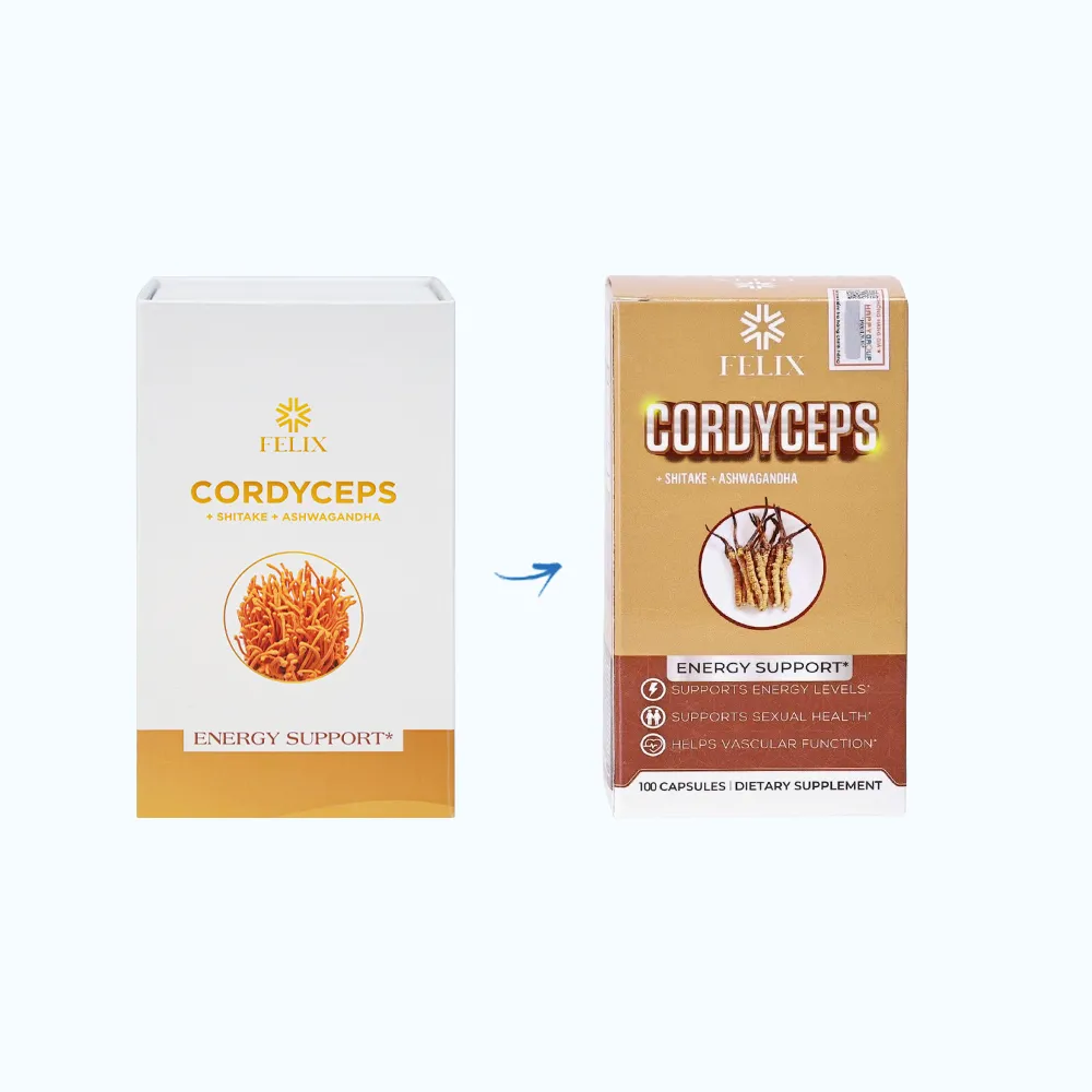 Thực phẩm bảo vệ sức khỏe Felix Cordyceps + Shitake + Ashwagandha giúp tăng cường sức để kháng (Hộp 100 viên) 3