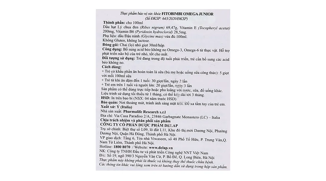 Thực phẩm bảo vệ sức khỏe Fitobimbi Omega junior 6