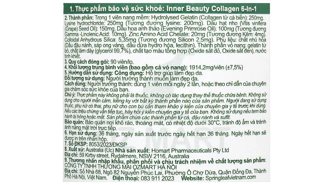 VIÊN UỐNG HỖ TRỢ LÀM ĐẸP DA SPRING LEAF INNER BEAUTY COLLAGEN 6-IN-1 60V 7