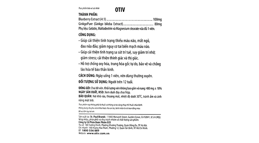 VIÊN UỐNG GIÚP CẢI THIỆN TÌNH TRẠNG THIẾU MÁU NÃO OTIV ECOGREEN 60V 5