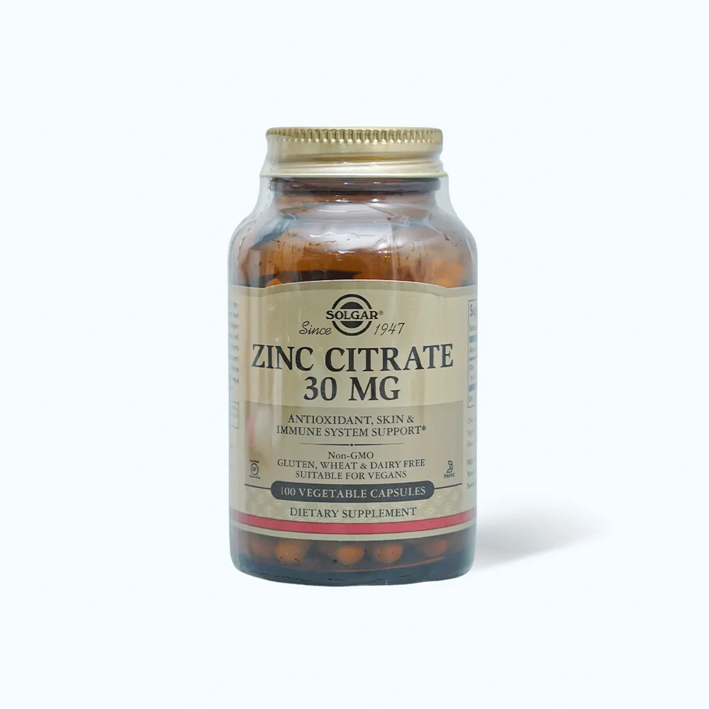 Thực phẩm bảo vệ sức khỏe Solgar Zinc Citrate 30mg (Chai 100 viên) chống lão hóa