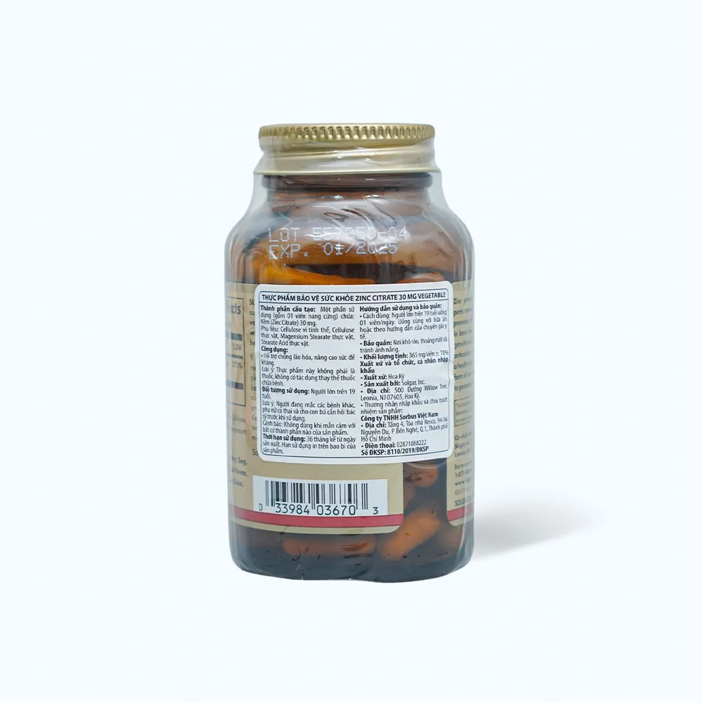 Thực phẩm bảo vệ sức khỏe Solgar Zinc Citrate 30mg (Chai 100 viên) chống lão hóa 4