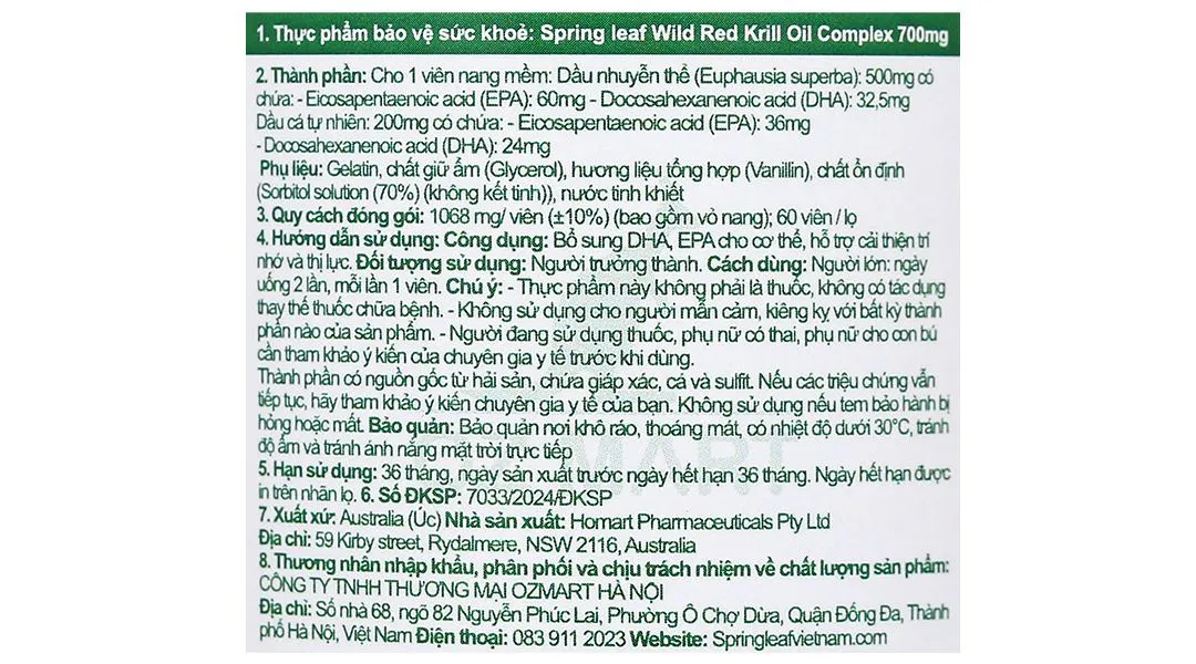 Thực phẩm bảo vệ sức khỏe Springleaf Wild Red Krill Oil Complex 700mg lọ 60 viên 7