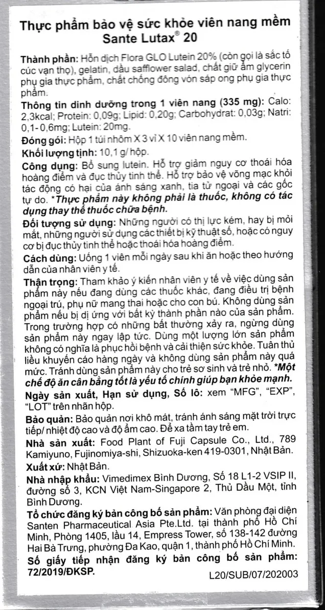 Thực phẩm bảo vệ sức khỏe viên nang mềm Sante Lutax - Hỗ trợ bảo vệ mắt 20 (30 Viên) 5