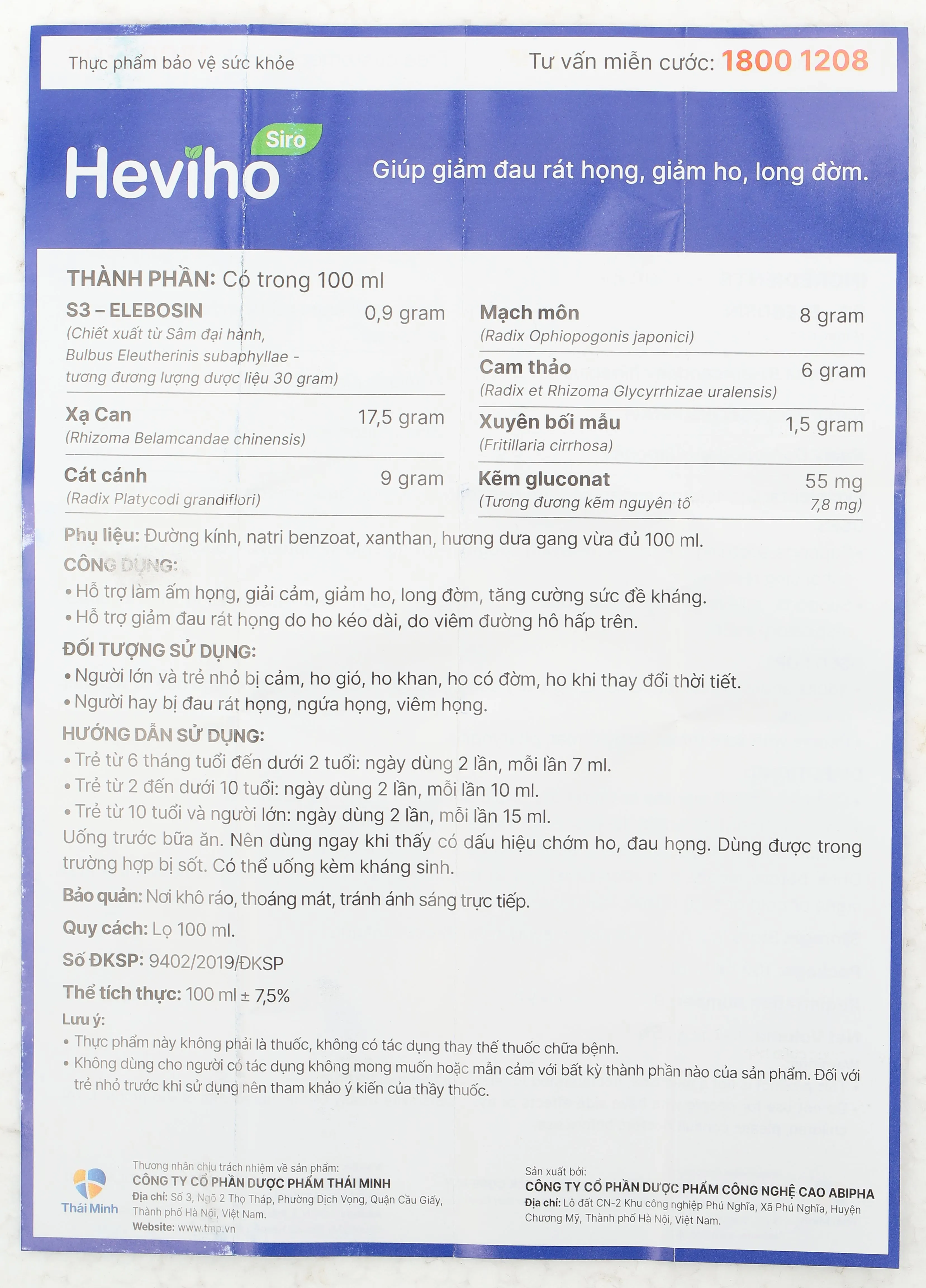 SIRO GIẢM HO HEVIHO THÁI MINH 100ML 17