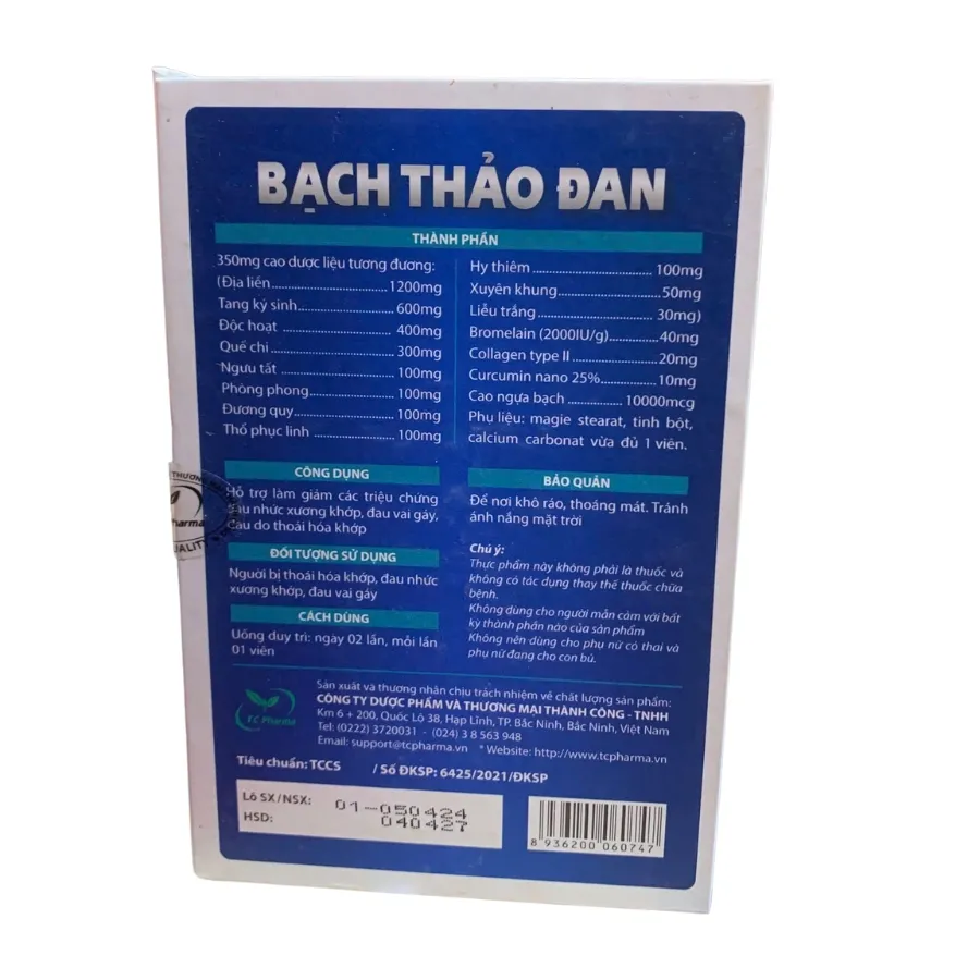 Thực phẩm bảo vệ sức khoẻ Bạch Thảo Đan hỗ trợ đau nhức xương khớp (60 viên) 2