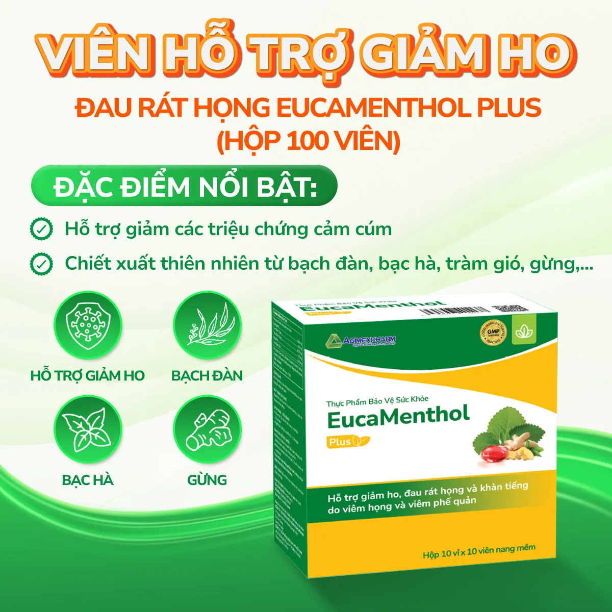 Thực phẩm bảo vệ sức khoẻ Eucamenthol Plus hỗ trợ giảm ho, đau rát họng (Hộp 100 viên) 3