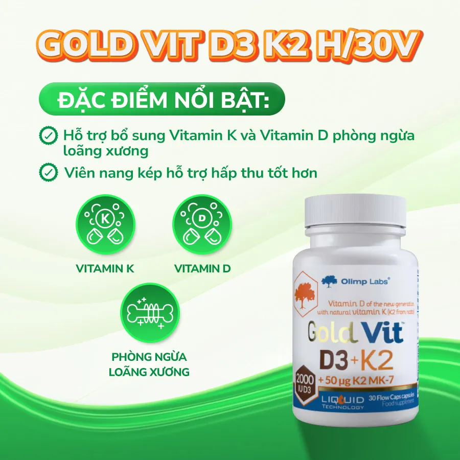 Thực phẩm bảo vệ sức khoẻ Gold Vit D3+K2 hỗ trợ phòng ngừa loãng xương (Hộp 30 viên) 2