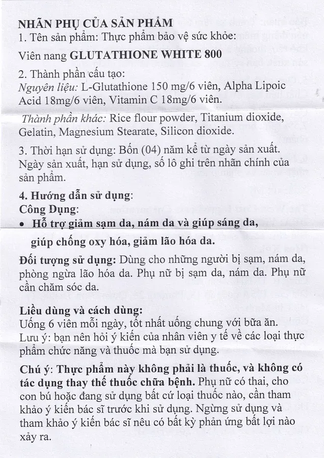 Thực phẩm bảo vệ sức khoẻ viên nang Glutathione White 800 (60 viên) 5