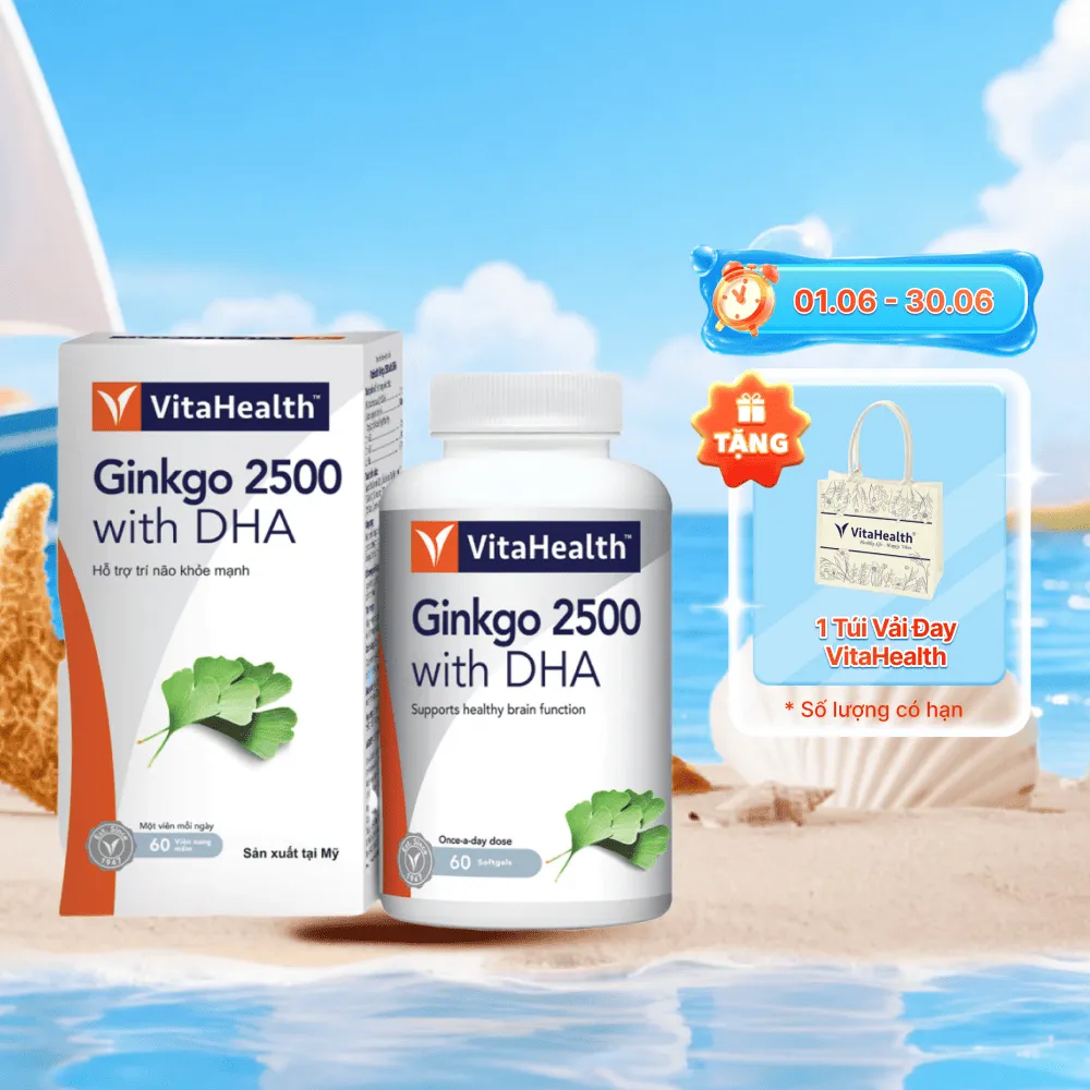 Thực phẩm bảo vệ sức khoẻ VitaHealth Ginkgo 2500 with DHA hỗ trợ tăng cường lưu thông máu não (Hộp 60 viên)