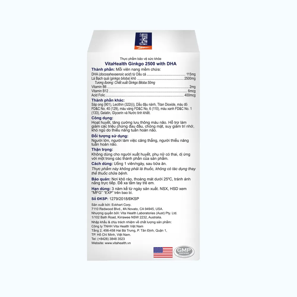 Thực phẩm bảo vệ sức khoẻ VitaHealth Ginkgo 2500 with DHA hỗ trợ tăng cường lưu thông máu não (Hộp 60 viên) 6